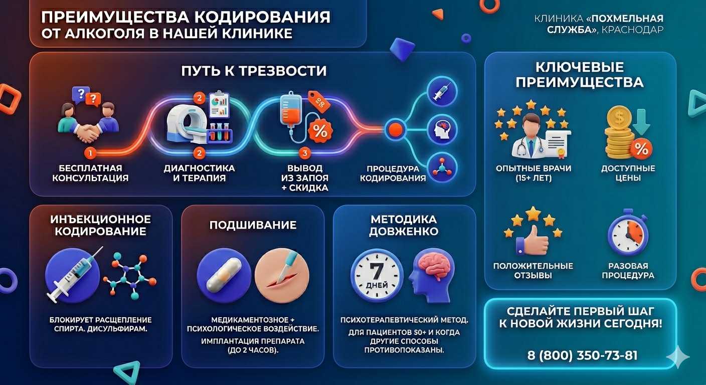 Инфографика о методах кодирования от алкоголя в Винзили: инъекции, подшивание, метод Довженко. Преимущества клиники и этапы лечения.