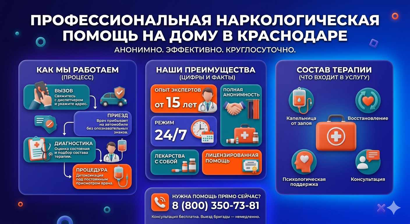 Инфографика о принципах лечения алкоголизма на дому в Винзили: этапы вызова нарколога, преимущества анонимной детоксикации и состав медицинской помощи.